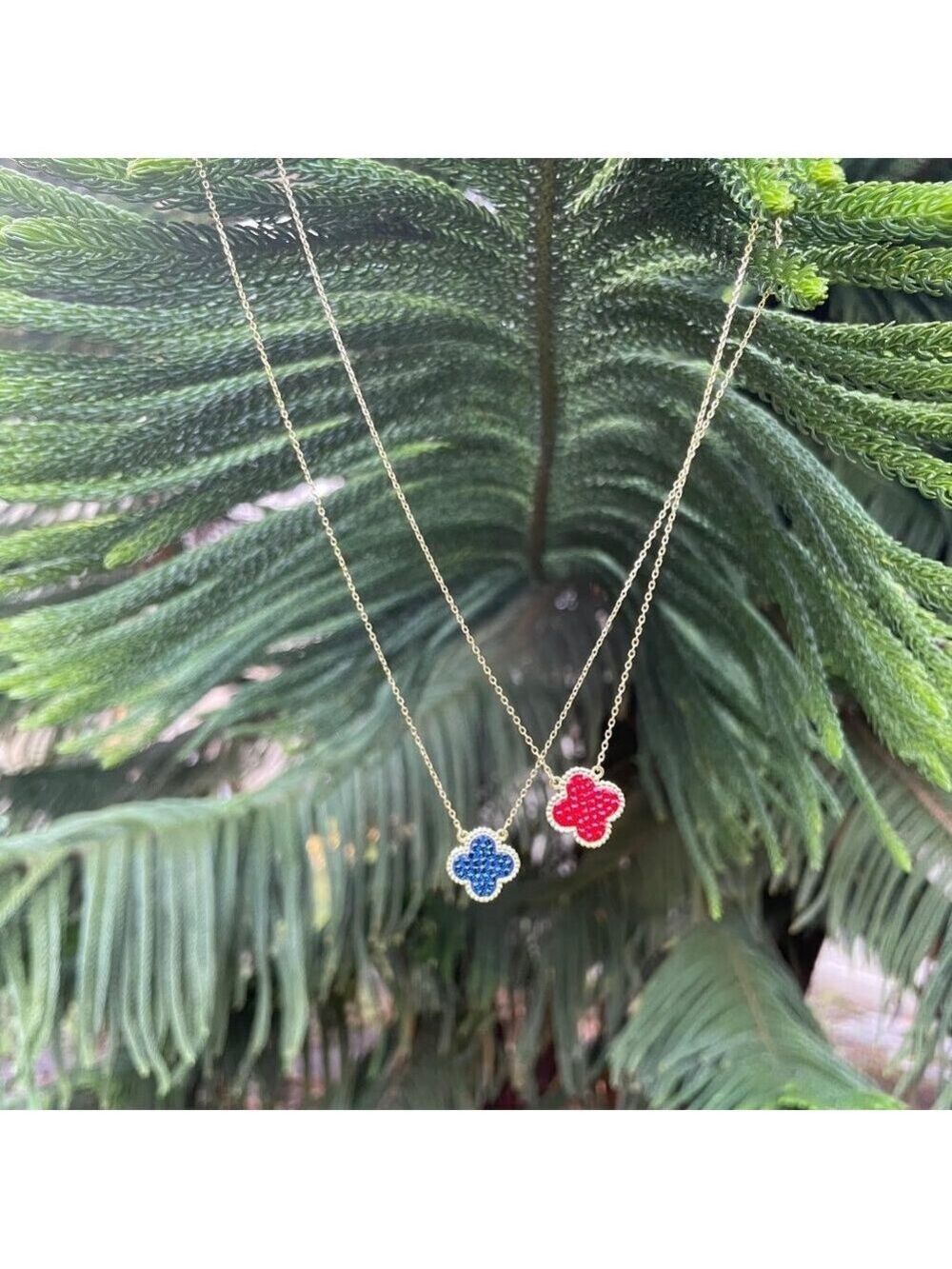 18k Gold Plated sterling silver Clover Red and Blue reversible necklace 16-18" - Picture 5 of 9